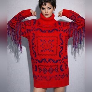 Gabby Isabella💋True REDwithPurple/Blue Pattern Bodice➕TASSEL SLEEVES Sweater L